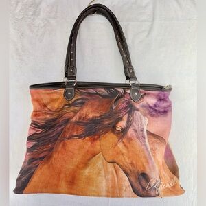 Montana West Horse Painting Art Print Faux Leather Canvas Tote Bag